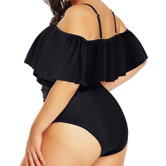 Daci Plus Size One Piece Swimsuit Ruffle Off Shoulder Bathing Suit black 20w - Picture 3 of 9